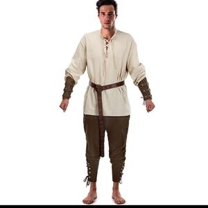 Men's Medieval Cream Ruffle Tunic with Brown Pants Renaissance Wear